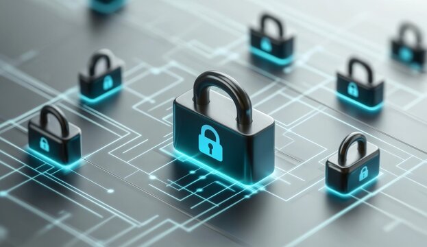 Flat illustration of people standing in front of and behind padlocks with digital connections - Powered by Adobe