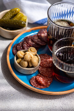 Kvass with sausages, mushrooms, and cucumber