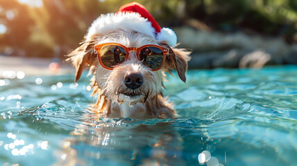 Closeup portrait of happy smiling dog in red santa hat in swimming pool at christmas vacation	
