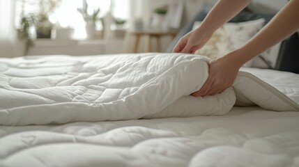 A person is adjusting a white mattress cover on a neatly made bed, showcasing a cozy and tidy bedroom environment.