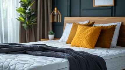 A stylish bedroom featuring a neatly made bed with textured pillows, a cozy throw blanket, and decorative plants, creating a warm and inviting atmosphere.