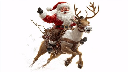Santa Claus riding a reindeer like a cowboy