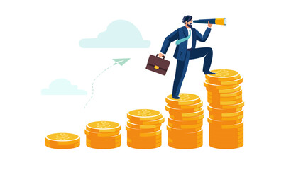 Financial success achieving financial freedom, people, money achievement or profit, businessman looking through binoculars to see business vision on stack of cash gold dollar coins Vector illustration
