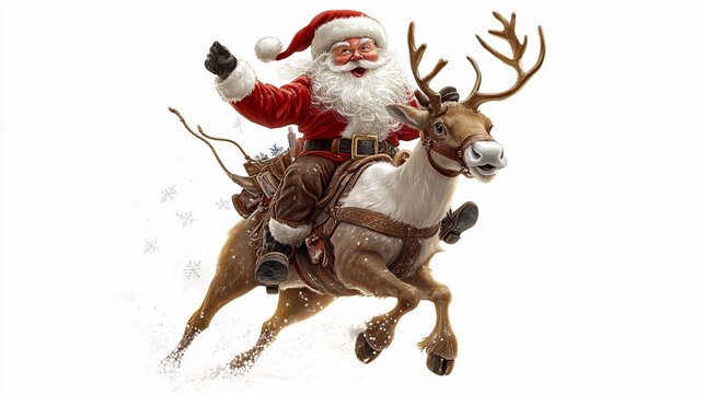 Santa Claus riding a reindeer like a cowboy