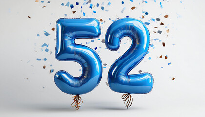 Fototapeta premium Blue birthday / anniversary balloon, number 52, white background with confetti