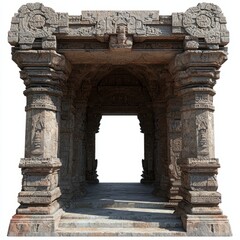 3D Render of a rock temple entrance with intricate carvings and a grand archway, on isolated white background