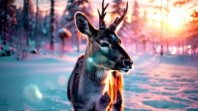 gros plan d'un renne du P&egrave;re No&euml;l dans une for&ecirc;t enneig&eacute;e au coucher du soleil, baign&eacute; par une lumi&egrave;re dor&eacute;e et douce, avec un bokeh r&ecirc;veur et des lens flares cr&eacute;ant une ambiance f&eacute;&eacute;rique