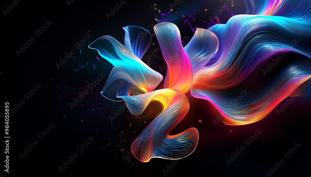 Poster a vibrant, abstract composition featuring flowing, colorful shapes against a dark background, creati