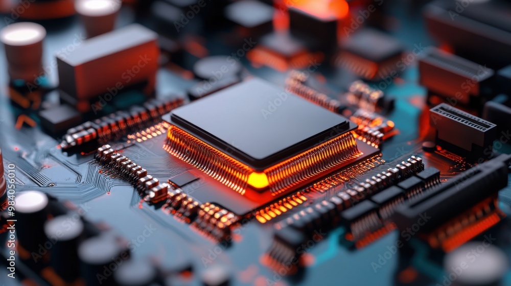 Poster close-up of computer microchip with neon glow