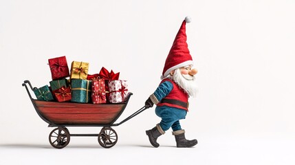 Christmas gnome pulling a sleigh filled with giant presents