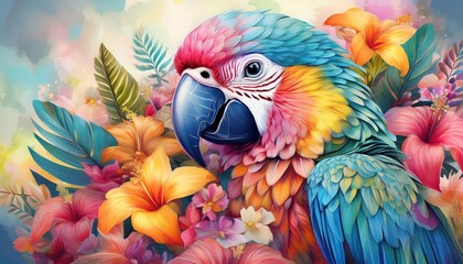 multicolor, blue and yellow macaw, A macaw with vibrant. multicolored patterns on its feathers is displayed against a tropical background