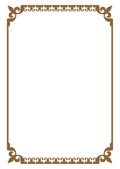 Monochrome gold rectangular Vertical Islamic Asian national ornament frame. A4 format. Islamic Asian pattern frame, border, decorative ornament of Kazakh, Kyrgyz, Mongol, Uzbek, Tajik. Diploma award