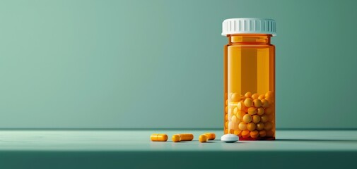 Prescription bottle with colored pills on a minimalist surface, showcasing medication for health purposes.