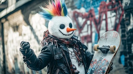 punk snowman with sunglasses and leather jacket