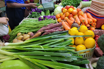 Fresh vegetables and fruits for sale in Asian farmer market stall