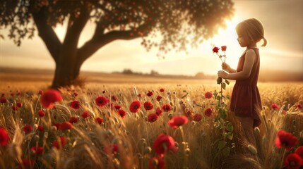 Child in Red Dress Holding Rose in Poppy Field at Sunset with Tree in Background