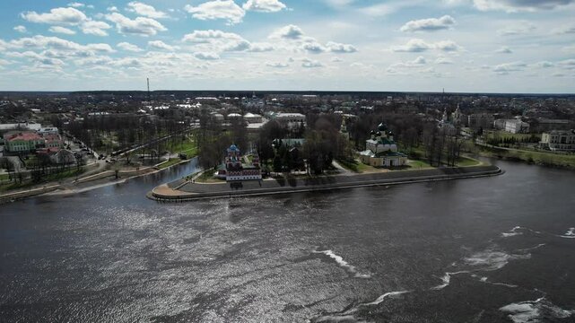 Aerial view Uglich city and Uglich Kremlin, the main attraction of the city. Point of interest High quality 4k footage