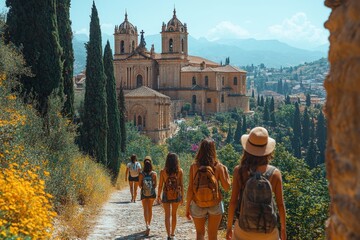 A group of diverse travelers exploring a cultural site on a spiritual journey. Generative AI