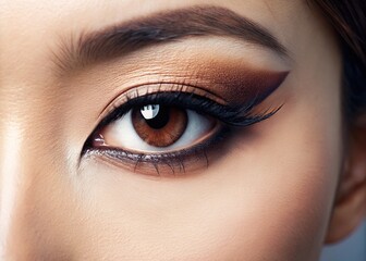 Obraz premium A Asian eye with delicate eyelashes and subtle eyeliner, featuring its distinctive almond shape and gentle slant, reveals its subtle beauty.