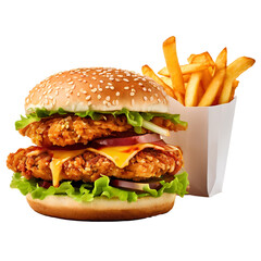 Cheese burger - American cheese burger with Golden French fries on wooden board, The fresh and delicious cheesy double hamburger with fries on a table in the restaurant