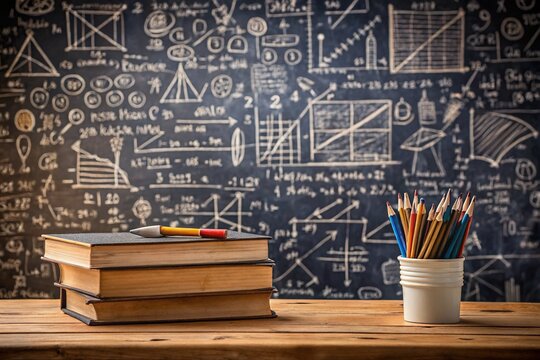 A blurred chalkboard filled with complex mathematical formulas and equations in white chalk, topped with scattered books and pencils, on a warm, wooden desk surface.