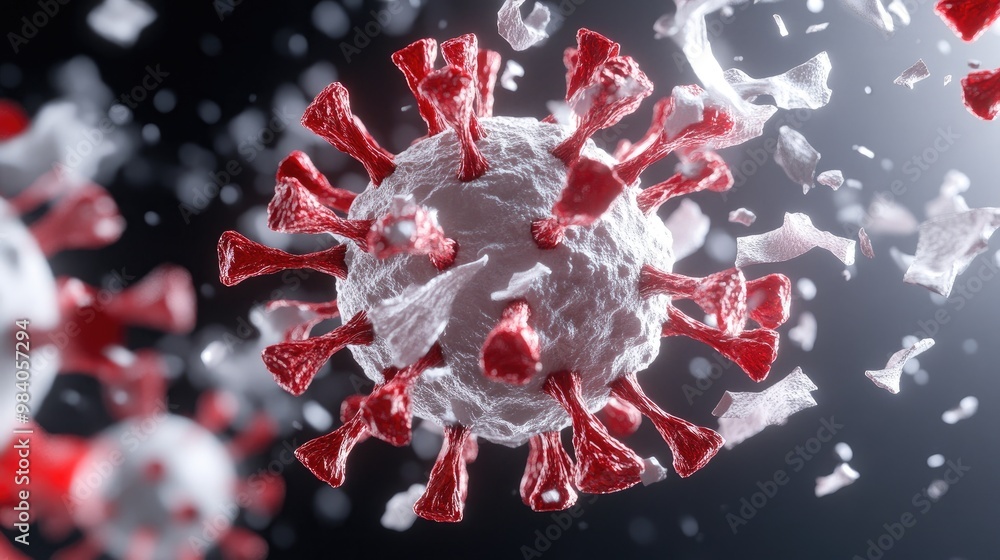 Poster a detailed representation of a coronavirus particle, showcasing its structure with red spikes and a 