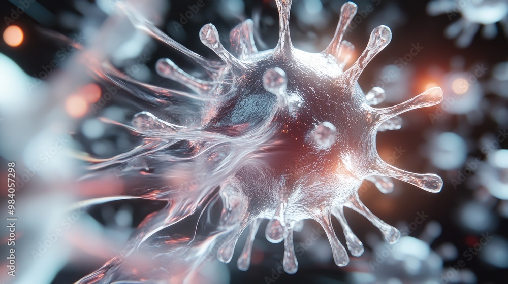 Poster a close-up of a virus, showcasing its intricate structure and design, representing the biological co