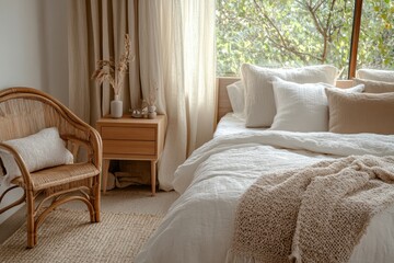 Fototapeta premium A cozy, minimalist bedroom featuring a low wooden bed with white and beige bedding