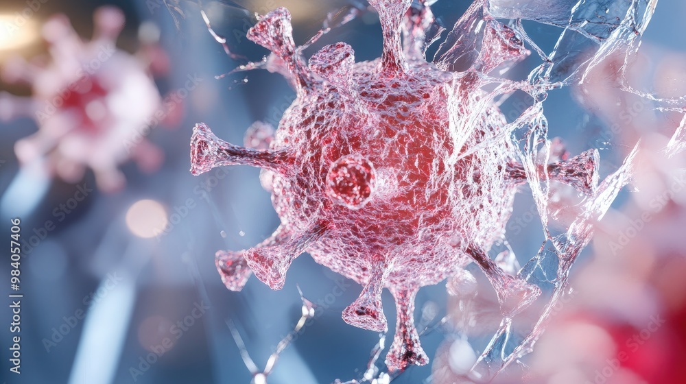 Poster a microscopic view of a virus, showcasing its intricate structure and detailing the surface features