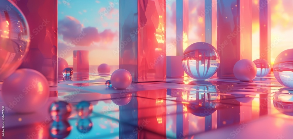 Leinwandbilder Abstract composition of colorful spheres and transparent structures reflecting light, creating a dreamy visual effect.