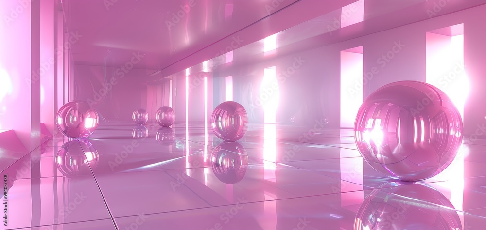 Aufkleber a serene space with reflective pink spheres on a glossy surface, softened by gentle light.