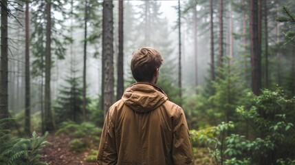 Naklejka premium Man Wearing Brown Jacket in Misty Forest - Serene Nature Walk Through Evergreen Trees