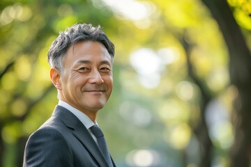 Middle-aged Japanese man in business attire, smiling while looking at camera from the side, with a blurred background of green trees in the background,generated ai.