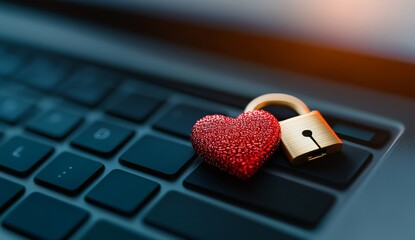 Laptop with open lock and heart shaped padlock symbolizing digital security in love