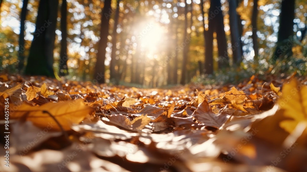Poster a tranquil forest path covered in autumn leaves, illuminated by warm sunlight filtering through tree