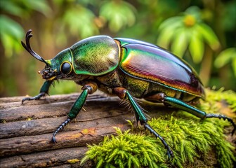 Fototapeta premium A colossal Titanus giganteus beetle, reaching lengths up to 16.7 cm, perches on a moss-covered log, showcasing its iridescent elytra and massive, powerful mandibles.