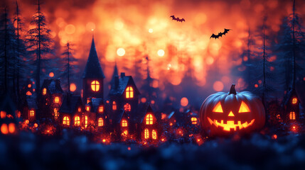 Jack o' lantern pumpkin and ghost with Halloween spooky village background.