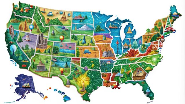 A colorful, detailed, and intricately designed map of the United States, showcasing interstate highways, national parks, and major cities, perfect for travel or educational use.