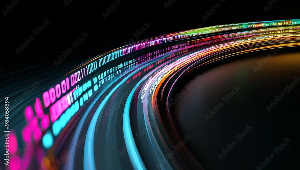 Poster digital data and binary code with glowing light effect and abstract sound wave