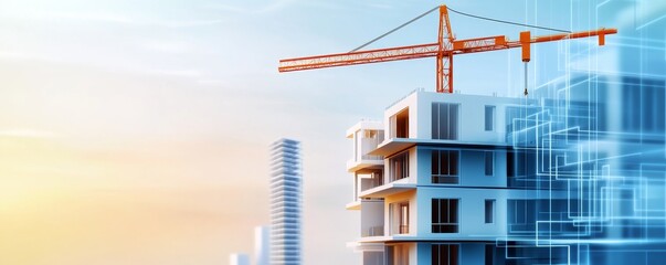 Digital illustration of apartment building under construction with blue and white color scheme