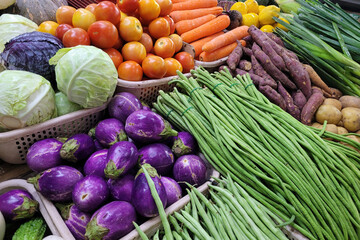 Fresh vegetables and fruits for sale in Asian farmer market stall