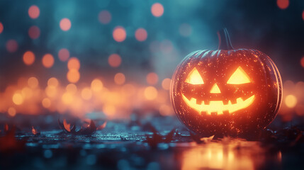 Jack o' lantern pumpkin and ghost with Halloween spooky village background.