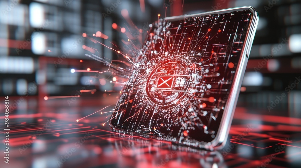 Poster a futuristic smartphone explodes with red sparks, symbolizing cybersecurity threats and digital vuln