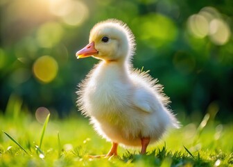 Obraz premium A fluffy white Long Island Pekin duckling with bright orange beak and feet stands on green grass, its soft feathers glistening in the warm sunlight.