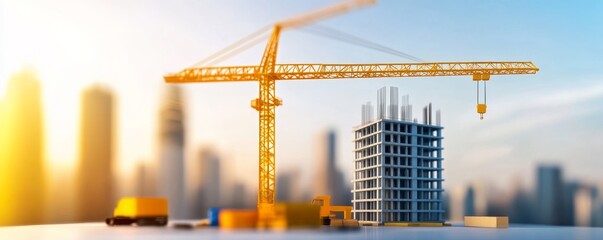 3D Miniature Model of a Construction Site with Modern Buildings and Cranes