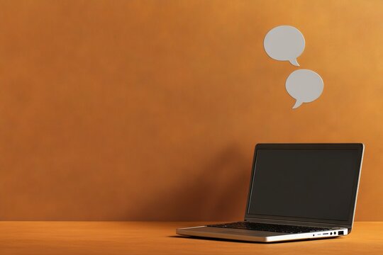 Laptop computer with speech bubbles on grunge yellow background