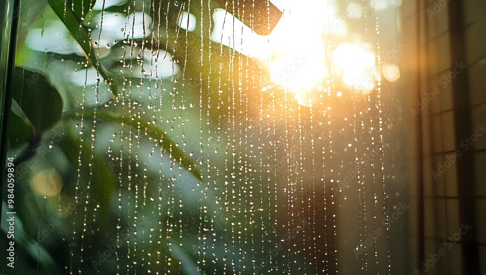 Poster abstract background with raindrops on a window, sunlight shining through, creating a warm and inviti