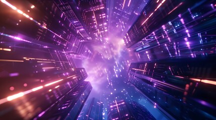Naklejka premium A background image with a high-tech, futuristic design in shades of purple, blue, and black. The scene is lit by a beautiful golden light from above, highlighting the intricate tech lines and adding a