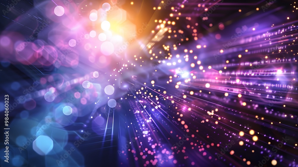 Poster a background image with a high-tech, futuristic design in shades of purple, blue, and black. the sce