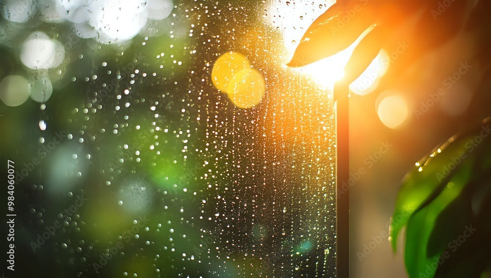 Poster raindrops on a window pane with a blurred background.